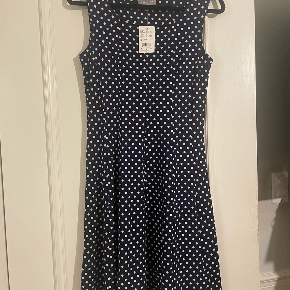 Summer dress from Laura Petites.  Navy blue and white polka dots.  Size 6
